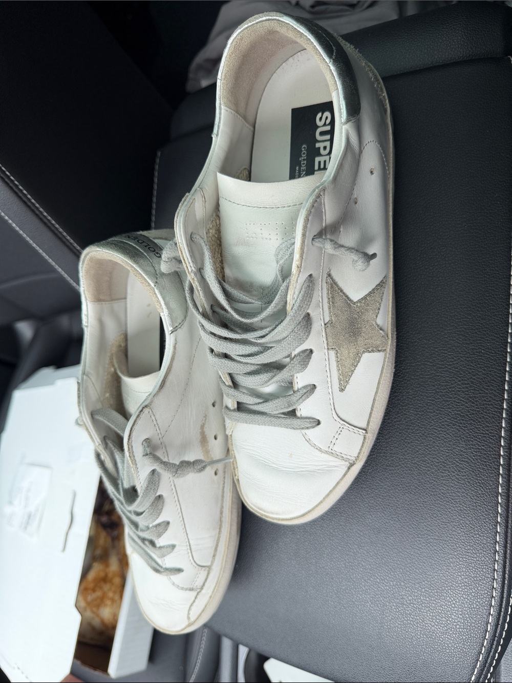 Golden Goose White Leather Sneakers with Gray Suede Star and Silver Heel